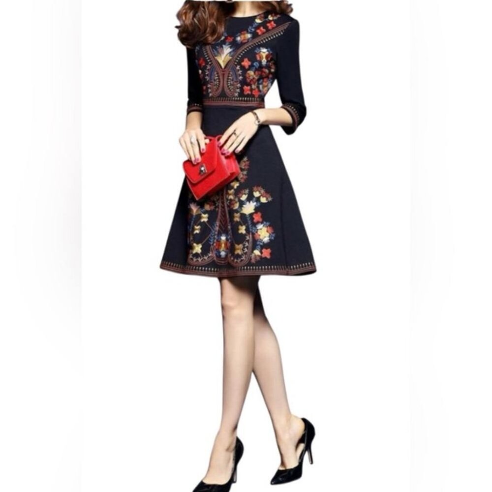 Lai Meng Five Cats embroidered skater fit & flare dress black stretch ponte XL